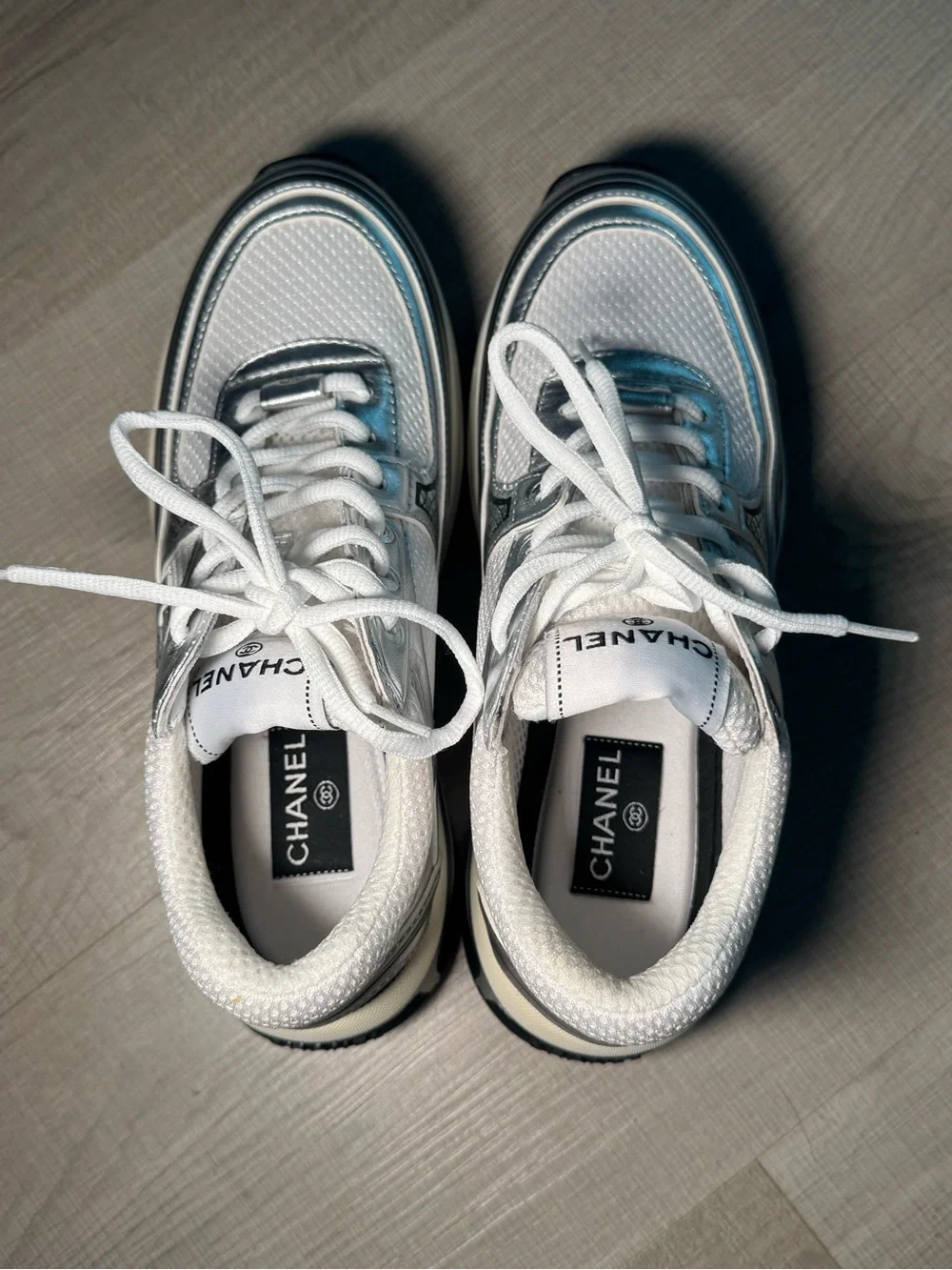 CHANEL Metallic Blue and White CC Logo Racing Sneakers